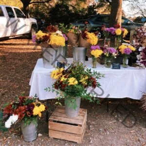 A flower vendor's display at the Fearrington Farmers' Market on an autumn afternoon. Galvanized metal buckets and glass jars hold full bouquets of seasonal blooms in yellow, deep red, and purple, set on a white-clothed table and on wooden crates on the ground. Small chalkboard signs read "MIX $15" and "JAR $10." A white pickup truck and parked cars sit among trees with golden fall foliage in the background.