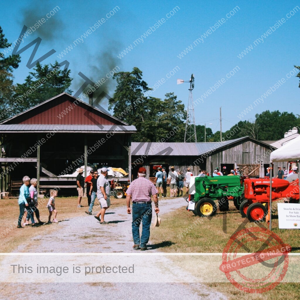 Visitors walk along a gravel path through an outdoor farm heritage event on a clear, sunny day. Restored antique tractors—a green John Deere and a red Allis-Chalmers—are displayed on the grass to the right, near a sign reading "Snacks & Drinks For Sale In Show Barn." Families and small groups, including children, stroll between weathered wooden barns and open equipment sheds. A tall metal windmill rises in the background, and dark smoke billows from the chimney of a steam-powered engine inside a red-roofed barn. Mature green trees and blue sky frame the scene.