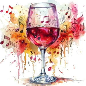 Colorful watercolor illustration of a red wine glass surrounded by floating musical notes and staff lines, with vibrant splashes of red, orange, pink, and gold radiating outward against a white background.