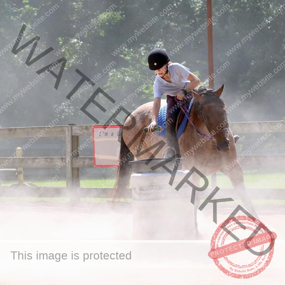 A young rider in a black helmet and white t-shirt leans forward in the saddle, gripping the reins as a roan horse pivots tightly around a white barrel. Dust kicks up around the horse's legs in the warm sunlight. A wooden fence and trees frame the riding ring in the background.