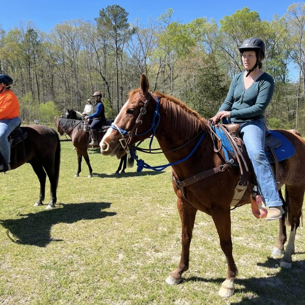 A young woman in a dark teal long-sleeve top, blue jeans, and a black riding helmet sits astride a chestnut horse with a flaxen mane in a sunlit grassy clearing. The horse wears a Western-style saddle with a turquoise blue saddle pad and a blue rope halter under the bridle. Three other riders on horses are visible in the background, gathered near a tree line of bare early-spring trees under a clear blue sky.