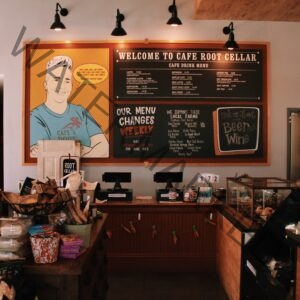 The counter-service area inside Cafe Root Cellar. Above the wood counter hangs a large framed board reading "Welcome to Cafe Root Cellar" with a handwritten café drink menu listing lattes, espresso, cappuccino, chai, cold brew, and more. To the left, a colorful pop-art-style mural depicts Chef Sera Cuni in a teal "Cafe Root Cellar" T-shirt with a speech bubble reading, "You can call me Sera. You can call me Chef Cuni. Just don't call me fancy. I'm glad you're here." A chalkboard section notes "Our menu changes weekly" and lists supported local farms alongside a "Beer and Wine" prompt. The counter holds point-of-sale tablets, packaged retail snacks and baked goods, a tip jar, and a glass pastry case, with a garland of small fabric carrots strung across the front.