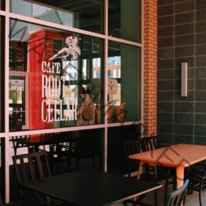 The storefront of Cafe Root Cellar viewed from the covered outdoor patio. A large plate-glass window bears the café's name in white lettering alongside its logo—a stylized heron perched on a fork with leafy plumage. Through the glass, a red refrigerator and decorative penguin figures (including one labeled "Feed-Well Fridge") are visible inside. The building combines red brick and dark speckled tile, and metal patio tables with chairs sit on the concrete in the warm, low-angled light.