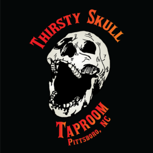 Logo - black and grey skull on a black background, red text reads "Thirsty Skull Taproom, Pittsboro, NC".