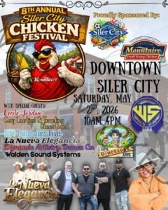 Promotional flyer for the 8th Annual Siler City Chicken Festival, Saturday May 2, 2026, 10 AM–4 PM in Downtown Siler City. Sponsored by Siler City Parks and Recreation and Mountaire Fresh Young Chicken. Special guests include Cecile Jordan, Cory Luetjen & Traveling Blues Band, Ed's Dinosaurs Live, La Nueva Elegancia, Dynamic Artistry Dance Co., and Walden Sound Systems. Flyer features a cartoon rooster mascot in a Mountaire shirt, photos of performing artists, and the Ed's Dinosaurs Live logo.