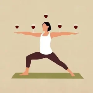 A playful illustration of a woman in a yoga warrior pose on a green mat, balancing five glasses of red wine — one on her head and two on each outstretched arm — against a warm beige background.