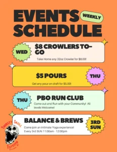Weekly events schedule graphic for Thirsty Skull Taproom, Pittsboro, NC on a bold orange background. Wednesday: $8 Crowlers To-Go — take home any 32oz crowler for $8. Thursday: $5 Pours — any draft pour for $5. Thursday: PBO Run Club — community run, all levels welcome. Every 3rd Sunday: Balance & Brews — intimate yoga experience, 11:00 AM–12:00 PM.