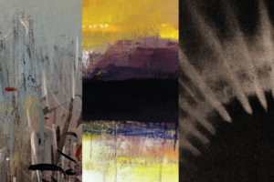 A triptych of close-up details from three abstract artworks: a pale blue-grey painting with gestural white and black brushstrokes at left; a layered landscape-like painting in deep black, mauve, and yellow at center; and a high-contrast black and white photograph or print of radiating leaf or plant shadows at right.