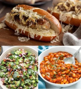 A three-panel food photography collage. The top panel shows two grilled bratwursts nestled in soft pretzel buns and piled high with sauerkraut and grainy mustard, resting on a wooden board. The lower left panel features a generous bowl of creamy broccoli salad mixed with crumbled bacon, dried cranberries, sunflower seeds, and chopped red onion. The lower right panel shows a white bowl of saucy baked beans in a rich tomato sauce, sprinkled with fresh green herbs, with a silver spoon dipping in and a blue-and-white kitchen towel underneath.