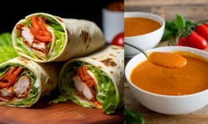 A split food photograph: on the left, three grilled chicken wraps filled with lettuce, tomato, and sliced chicken stacked on a wooden board; on the right, a white bowl of creamy tomato soup with a spoonful lifted above it, garnished with fresh basil and cherry tomatoes in the background.
