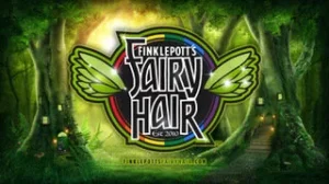 Logo for Finklepott's Fairy Hair, established 2010, featuring stylized green fairy wings and colorful lettering on a circular badge, set against a magical glowing forest background with lanterns and a woodland path.