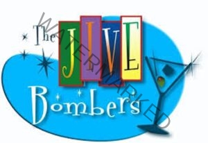 Retro mid-century-style logo for "The Jive Bombers" on a turquoise blue oval background. "JIVE" appears in four colored rectangular blocks — green, purple, blue, and yellow — with "The" in cursive to the left and "Bombers" in white script below. A stylized martini glass with an olive sits to the right, accented with atomic-era starburst sparkles.