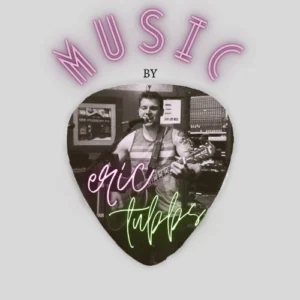 Promotional graphic for musician Eric Tubbs on a soft grey background. The text "MUSIC BY" arcs across the top in pink neon-style lettering. Below, a large guitar-pick-shaped frame holds a black-and-white photograph of Eric Tubbs performing live: a man in a striped tank top singing into a microphone while playing acoustic guitar, with stage equipment and framed posters visible behind him. His name "Eric Tubbs" is overlaid across the photo in green neon-style script.