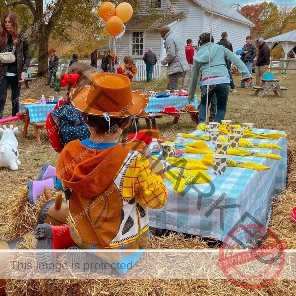 A young child in a Woody from Toy Story costume sits on a hay bale at a birthday party at My Little Farmer Durham, facing a long picnic table covered with a blue gingham cloth and set with cow-print cups, yellow bandana napkins, and orange cowboy hats. Other guests and a white farmhouse building are visible in the background.