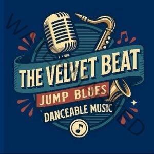 Logo for The Velvet Beat on a navy blue background. A vintage gold microphone and saxophone sit behind a teal banner reading "The Velvet Beat," with a red ribbon label below reading "Jump Blues" and the tagline "Danceable Music" underneath. Red starbursts and musical notes surround the illustration.