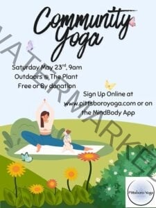 Event flyer for Community Yoga hosted by Pittsboro Yoga. Saturday, May 23rd at 9 AM, outdoors at The Plant. Free or by donation. Sign up at pittsboroyoga.com or via the MindBody app. The design features a cartoon illustration of a woman in a seated yoga pose on a picnic blanket with a small dog beside her, set in a grassy outdoor scene with wildflowers, butterflies, and rolling green hills. The Pittsboro Yoga logo appears in the bottom right.