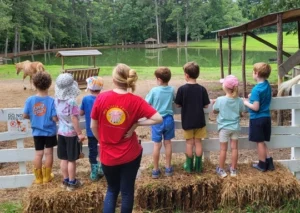 Seven children, viewed from behind, stand on hay bales along a white wooden fence at Little Way Farm. They're wearing summer t-shirts, shorts, and rain boots, with a few in sun hats. An adult counselor in a red t-shirt with the Little Way Farm pig logo stands among them. Beyond the fence, a horse grazes in a grassy pasture with a pond, covered pavilion, and wooden shelter visible in the background, surrounded by tall trees. A 'Do Not Feed Us' sign is posted on the fence at left.