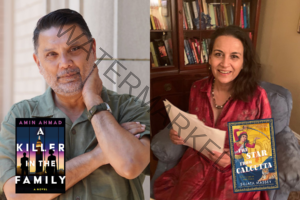 Two author portraits side by side: at left, Amin Ahmad resting his chin on his hand with a thoughtful expression, alongside the cover of his novel "A Killer in the Family"; at right, Sujata Massey smiling and holding pages while seated in front of a bookcase, alongside the cover of her novel "The Star from Calcutta: A Mystery of 1920s India."
