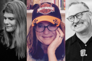 Portraits of three authors appearing at the Appalachian Magic event at McIntyre's Books: at left, Karen Salyer McElmurray in a black and white photo with long hair and eyes downcast; center, Annie Woodford smiling in color, wearing glasses and a Harley-Davidson cap; at right, Gary Phillips in a black and white photo, smiling and wearing glasses and a black shirt.