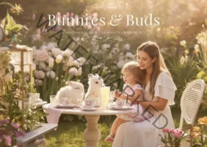 Promotional graphic with the title 'Bunnies & Buds: A Mother's Day Tea Party Experience' in elegant white script across the top. The image shows a stylized illustration of a mother in a flowing white dress and her young daughter in a pink floral dress seated at a small round white tea table set with floral teacups and lemonade. Two fluffy white rabbits sit on the table between them. The scene is set in a sunlit garden filled with pink, white, and yellow spring flowers, with a wicker chair and decorative crates visible in the background.