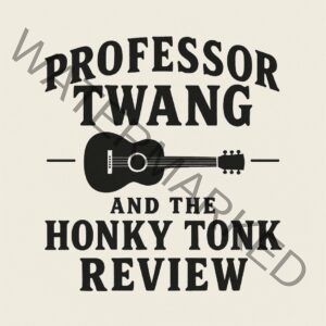 Logo for "Professor Twang and the Honky Tonk Review" in bold black western-style lettering on a cream background, with a black silhouette of an acoustic guitar laid horizontally between the two lines of text.