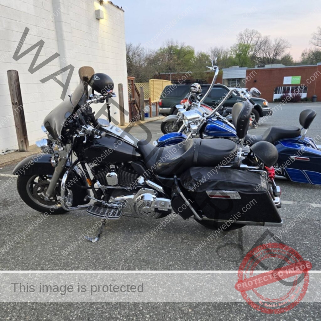 A row of Harley-Davidson cruisers parked side by side outside The Place to Be on a warm evening. A black bike with a windshield and saddlebags sits in the foreground, with two blue baggers parked behind it. The bar's white side wall and lattice patio fencing frame the lot, with downtown Pittsboro buildings visible in the background.