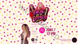 Event flyer on a cream background scattered with small pink and yellow triangle confetti. The "Drag Me to Brunch" logo in shiny pink and gold lettering sits at the top center, framed by photos of three drag performers in elaborate makeup and costumes. Below: "Drag Show | Cocktails | Brunch." At lower left, host AmanDuh Barron poses in a leopard-print dress with long blonde hair, her name in pink script above her. A "Featuring" list names Faiza Zahra, Byanka Bangsum, and Gyna Gunt. A pink starburst badge reads "Vendor Market: 10–3 PM." Main event details: June 7, 12 PM. The Lavender Social logo, a QR code labeled "Scan for Ticket Info!", the West End Emporium logo, and the address (23 Rectory Street, Pittsboro / westendpittsboro.com) appear along the bottom.