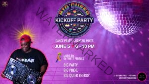 Event flyer with a purple, smoky background, a large mirror ball in the upper right, and a pink neon grid along the bottom. The central logo reads "Big Queer Kickoff Party" with a ring of Pride flag hearts representing multiple LGBTQ+ identities, marked "West End Emporium | Pittsboro." Event details: Dance Party | Cocktail Mixer, June 5, 6–10 PM. Music by DJ Fruitti Pebbles, who appears at left wearing a backwards red cap and a "Dope AF" t-shirt, smiling behind a DJ controller. Tagline reads "Big Party. Big Pride. Big Queer Energy." The Lavender Social logo appears in the top left; West End Emporium logo and address (23 Rectory Street, Pittsboro / westendpittsboro.com) appear in the bottom right.