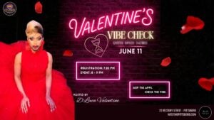 Event flyer with a dark brick-wall background and red rose petals scattered throughout. The title "Valentine's" glows in pink neon script, with "Vibe Check" in gold lettering and "Queer Speed Dating" beneath it. A neon heart with an hourglass inside sits to the left of the date: June 11. Event details in a neon-outlined box: Registration 7:30 PM, Event 8–9 PM. A second neon box reads "Skip the apps. Check the vibe." Host D'Luca Valentine appears on the left in a dramatic red tulle gown with a blonde updo, large red earrings, and bold makeup; their name is set in white script beneath "Hosted By." The Lavender Social logo appears in the top left; West End Emporium logo and address (23 Rectory Street, Pittsboro / westendpittsboro.com) appear in the bottom right.