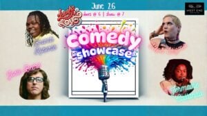 Comedy show flyer with a cream center panel framed by teal bands at top and bottom. At center is an illustrated vintage microphone with a rainbow splash of color bursting behind it, and the words "Comedy Showcase" in bubbly pastel lettering. A "Laughs of Love" logo sits at upper left. Event details at the top: June 26, doors at 6, show at 7. The West End Emporium logo appears in the upper right. Four performer photos with names in script flank the center: Brandi Roberts (upper left) smiling in a yellow top with long locs; Steph Stigma (upper right) with short blonde hair, dangling earrings, and a microphone; Josie Beers (lower left) with long hair and glasses; and Jermaine Callando (lower right) holding a microphone, bathed in red stage light.