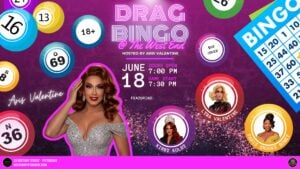 Event flyer with a purple background scattered with colorful bingo balls (numbers 8, 13, 16, 18+, 36, 69) and a blue bingo card in the upper right. The title "Drag Bingo @ The West End" appears in pink neon lettering at the top, with "Hosted by Aris Valentine" beneath. Event details: June 18, doors open 7:00 PM, game start 7:30 PM. A "$10 Cover" badge sits to the right. Host Aris Valentine is featured at center with long auburn waves, a sparkling silver gown, and bold makeup, her name in white script beside her. Three circular photo badges along the bottom right show featured performers: Kirby Kolby (in a tiara with red hair), Lyra Valentine (blonde, in a black-and-red top), and Paris Brooks Bonet (in a yellow gown with an updo). A pink footer bar holds the West End Emporium logo, the address (23 Rectory Street, Pittsboro / westendpittsboro.com), and The Lavender Social logo.