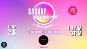 Event flyer on a soft gradient background blending purple, pink, peach, and yellow. The title "Sashay to a Vendor Market @ The Emporium" appears at center, framed by a glowing circular ring with a multicolored gradient core, with "Vendor Market During Drag Brunch" in purple beneath. A hot-pink starburst badge in the upper right reads "Drag Brunch @ 12PM." Event details: "JUNE 28, 10AM–3PM" in bold white type on either side of the title. The West End Emporium logo sits center-bottom with the address (23 Rectory Street, Pittsboro / westendpittsboro.com), and The Lavender Social logo appears in the lower left.