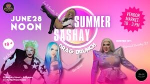 Event flyer on a vivid purple-to-pink-to-yellow gradient background. The title "Summer Sashay Drag Brunch" appears at center in bold white block letters and script, framed by a glowing circular ring. Four drag performers pose across the flyer with their names labeled: at top center, Ivy S Sanchez XS reclines in a black corset and thigh-high stiletto boots with a blonde bouffant wig; at lower left, Kali Fuchis stands in a star-printed black jacket with a neon green-and-white wig, dark eye makeup, and a goatee; at lower center, Bea Quiet poses in pink with a long sky-blue wig and white opera gloves; at lower right, host Diamond Sanchez XL strikes a dramatic pose in an iridescent pink-and-purple peplum top with a long blonde wig. Event details: "JUNE 28 NOON" on the left and a hot-pink starburst "Vendor Market: 10–3 PM" on the right, with an "18+" badge at lower left. The Lavender Social logo appears in the upper left, the West End Emporium logo in the lower right, and the address (23 Rectory Street – Pittsboro / westendpittsboro.com) along the bottom left.