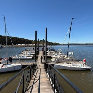 A wooden gangway and dock extend out over calm lake water, lined on both sides with sailboats and pontoon rental boats. A person walks along the dock; a forested shoreline and clear blue sky fill the background.