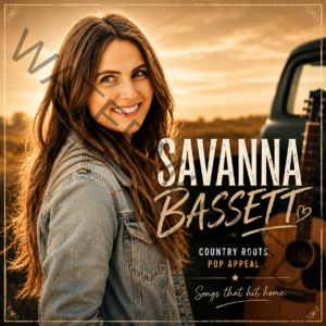 A warm, golden-hour promotional graphic for musician Savanna Bassett. She smiles over her shoulder in a denim jacket, with long brown hair, standing in a field beside a pickup truck and an acoustic guitar at sunset. Large text reads "Savanna Bassett," with the taglines "Country Roots. Pop Appeal." and "Songs that hit home."